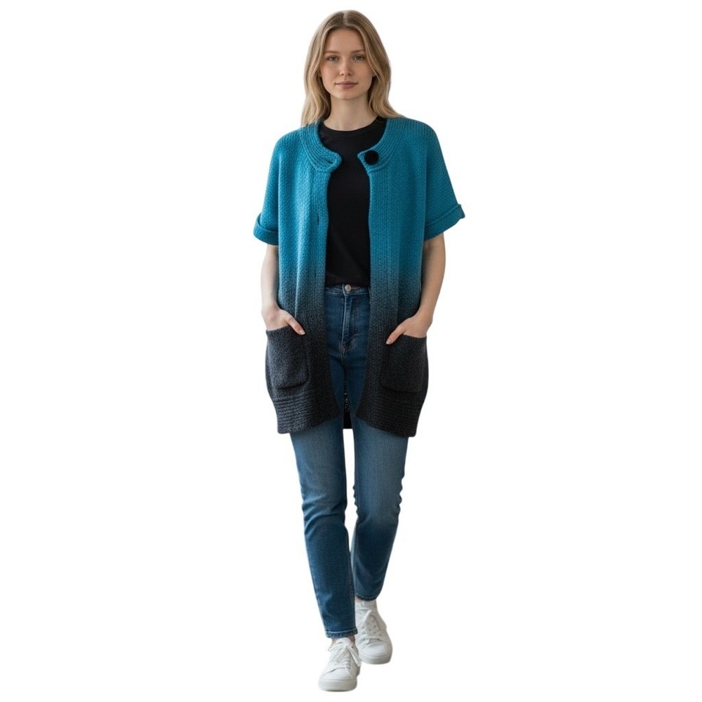 Kensie Pretty Ombre Short Sleeve Cardigan Teal Black Wool Blend XS Pockets